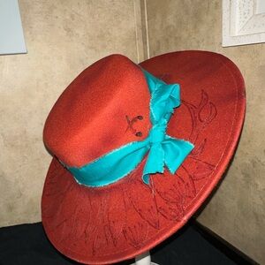 Elegant Burnt Orange Hat with Teal Ribbon